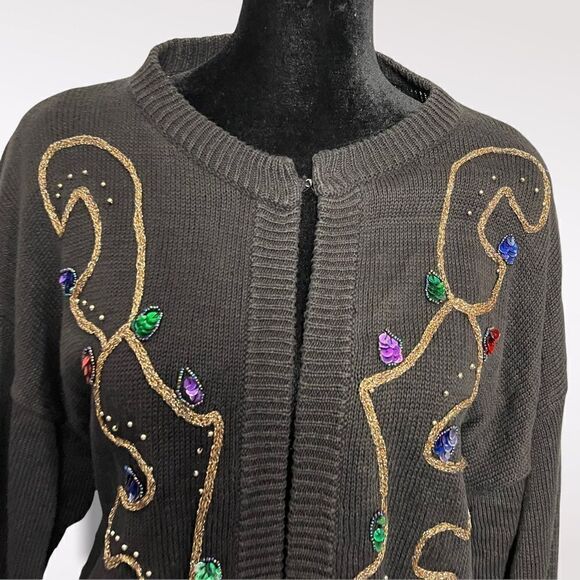 Ugly Christmas Sweater Cardigan One Hook Closure Embroidered Size Medium Rope - Picture 10 of 11